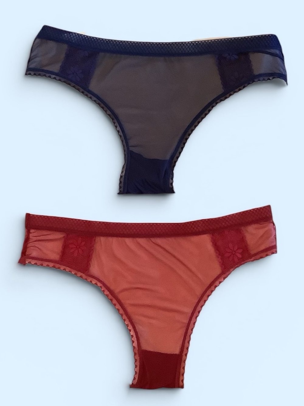 Sheer lace trimmed bikini panties. NWOT. Set of 2. Red & navy. Sz. XL.